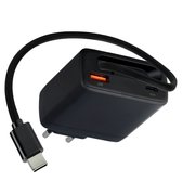 Zwarte GaN oplader met 18W en 65W USB-C poorten, met een opgerolde zwarte kabel met USB-C connector.