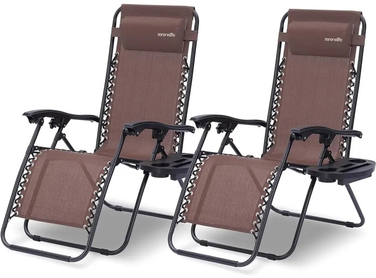 Geargalaxy 2-delige Tuinloungeset - Outdoor Loungestoelen met Bijzettafel en Bekerhouders - Draagbare Stoelen - 175×65×110cm - Bruin