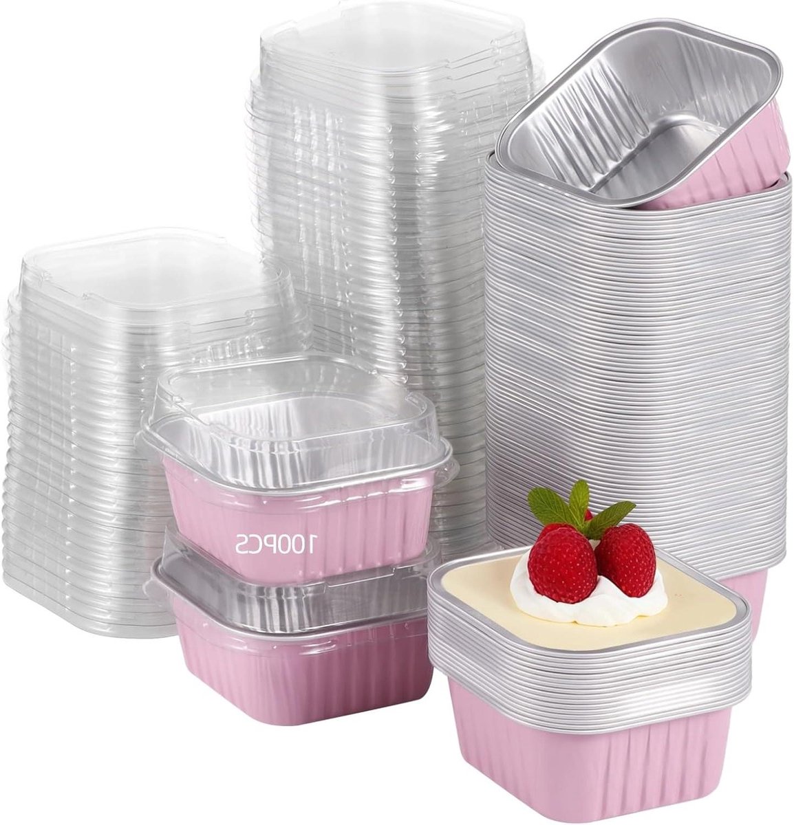 Mini bakvormpjes - Wegwerp ramekins - Individuele desserts - Met deksels - 100 stuks - Roze