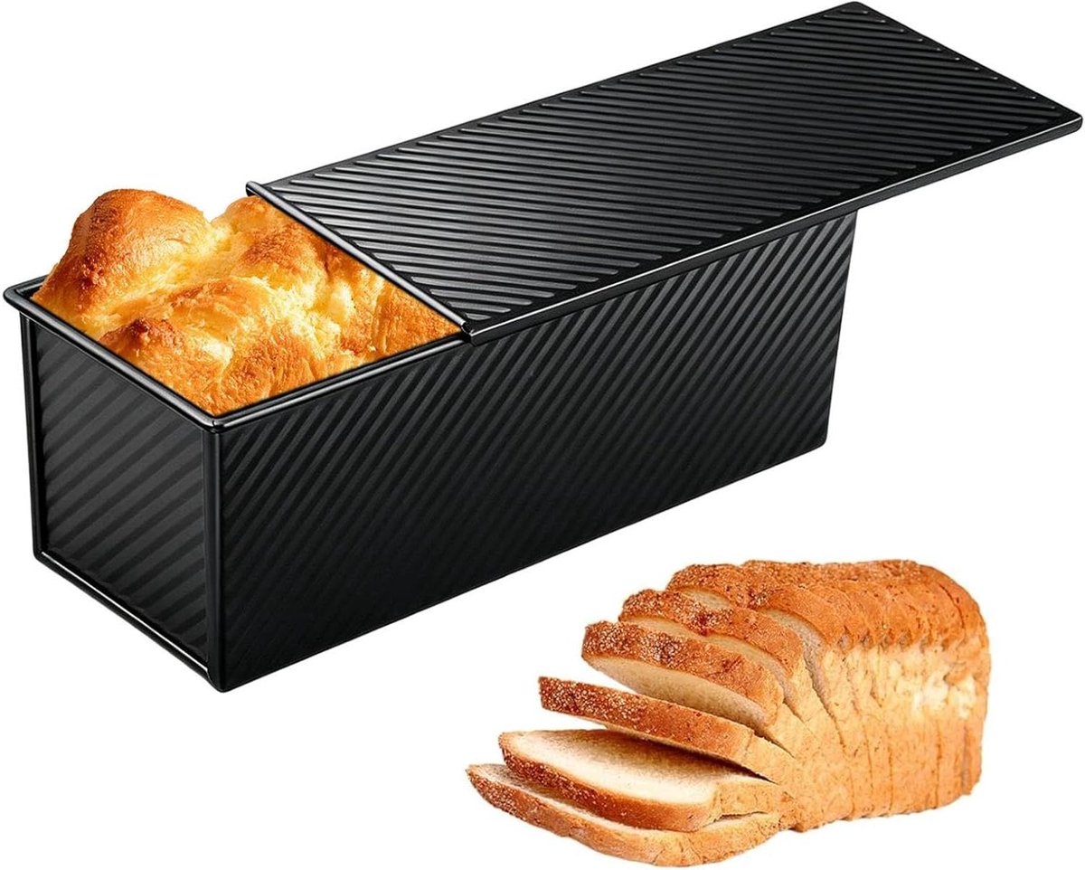 Broodvorm met Deksel - Cakeblik Bakvorm - Brood Bakken - Geribd Antiaanbak - 32x12x11 cm - Zwart