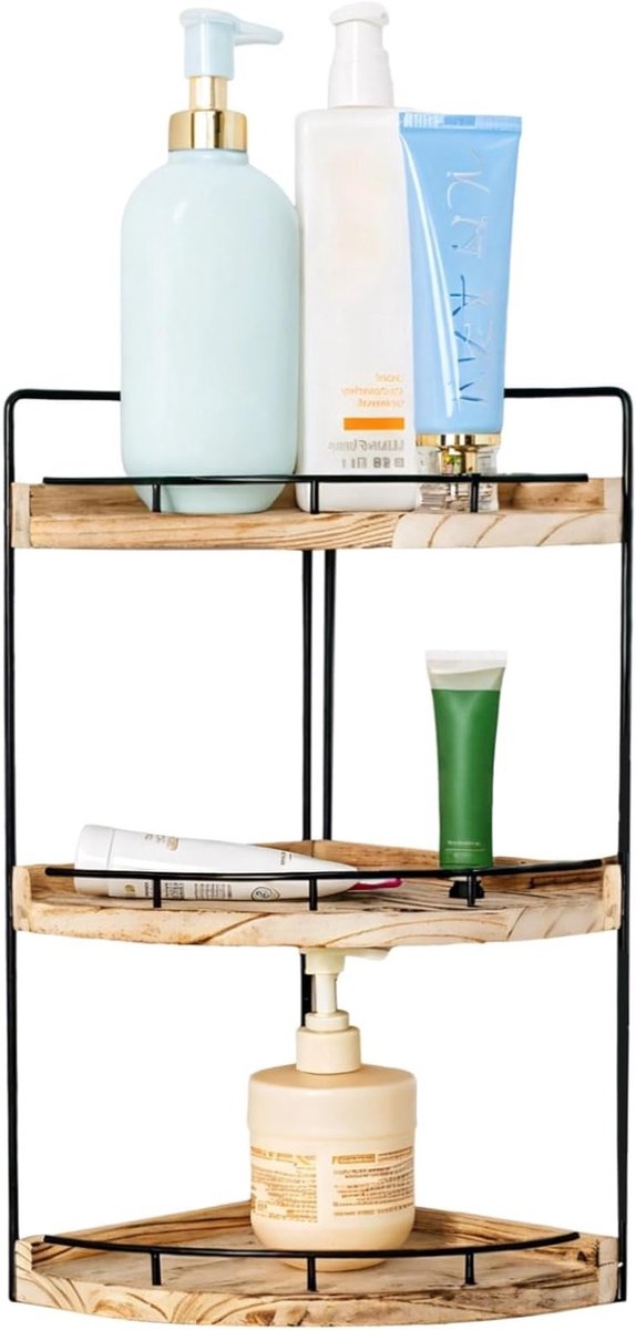 Ruimtebesparend hoekrek van acaciahout met 3 verdiepingen, ideaal voor badkamer en werkbladen, stevig metalen frame