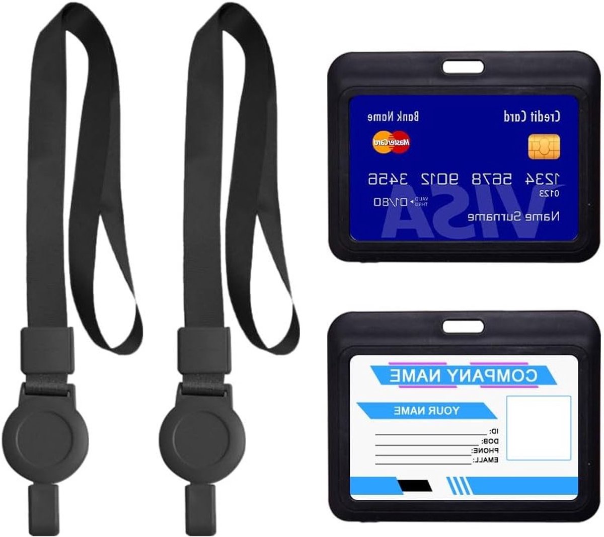 Set van 2 Badgehouders met Uittrekbare Lanyard - Dubbelzijdige Harde Plastic Case voor School- en Kantoorpassen, Beschermende Tas voor Studenten en Medewerkers