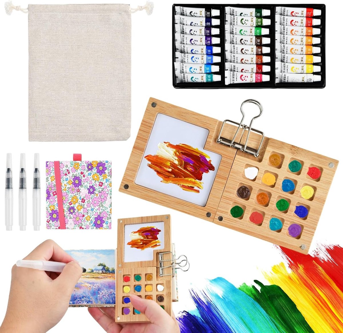 Kleine Waterverf Paletten met 24 Kleuren, Draagbaar en Vouwbaar voor Reizen, Houten Mini Schilderset met Penseelclip en Ideaal voor Creatieve Projecten