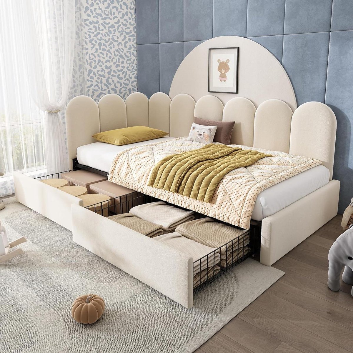 Gestoffeerd Bed - L-vormig Bed - Ruimte Besparen - Met Lades - 90x200 cm - Beige