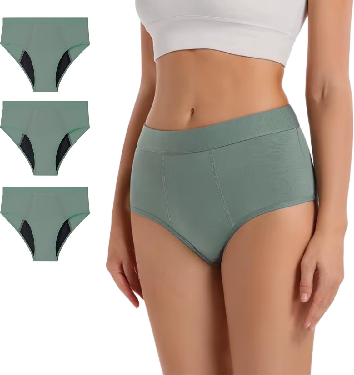 3 Pack - Menstruatie Ondergoed - Groen - Dames Slips - Comfortabel & Absorberend - Onderbroek 95% Katoen - Dames Lingerie / Ondergoed Set - Maat XL