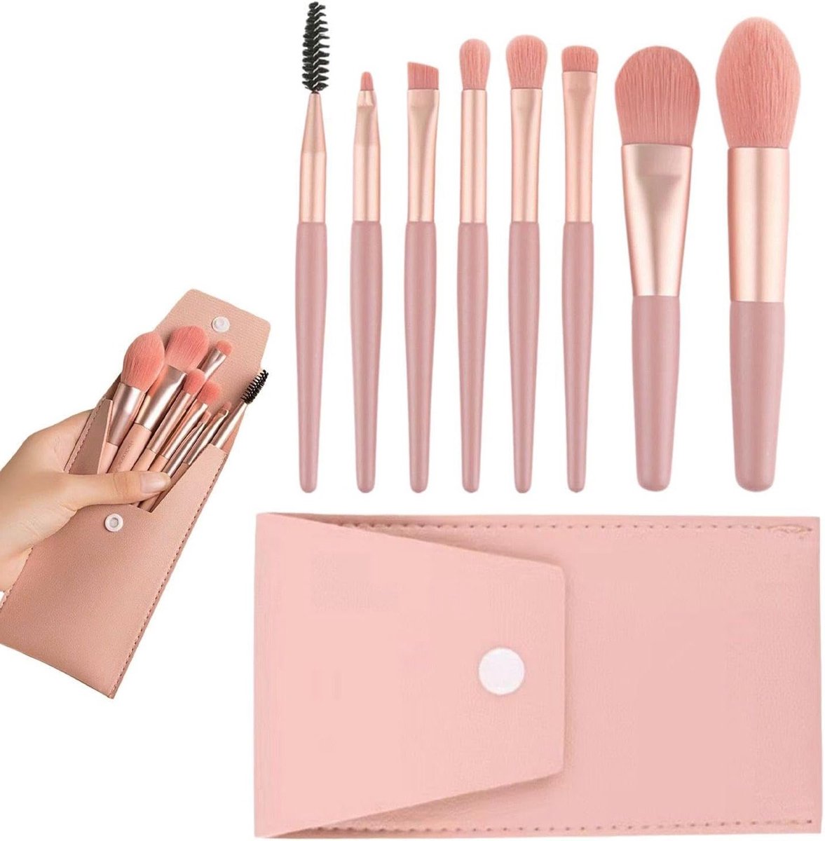 Complete 8-delige Make-up Borstelset met Draagtas, Multifunctionele Make-upkwasten voor Blush, Oogschaduw en Eyeliner