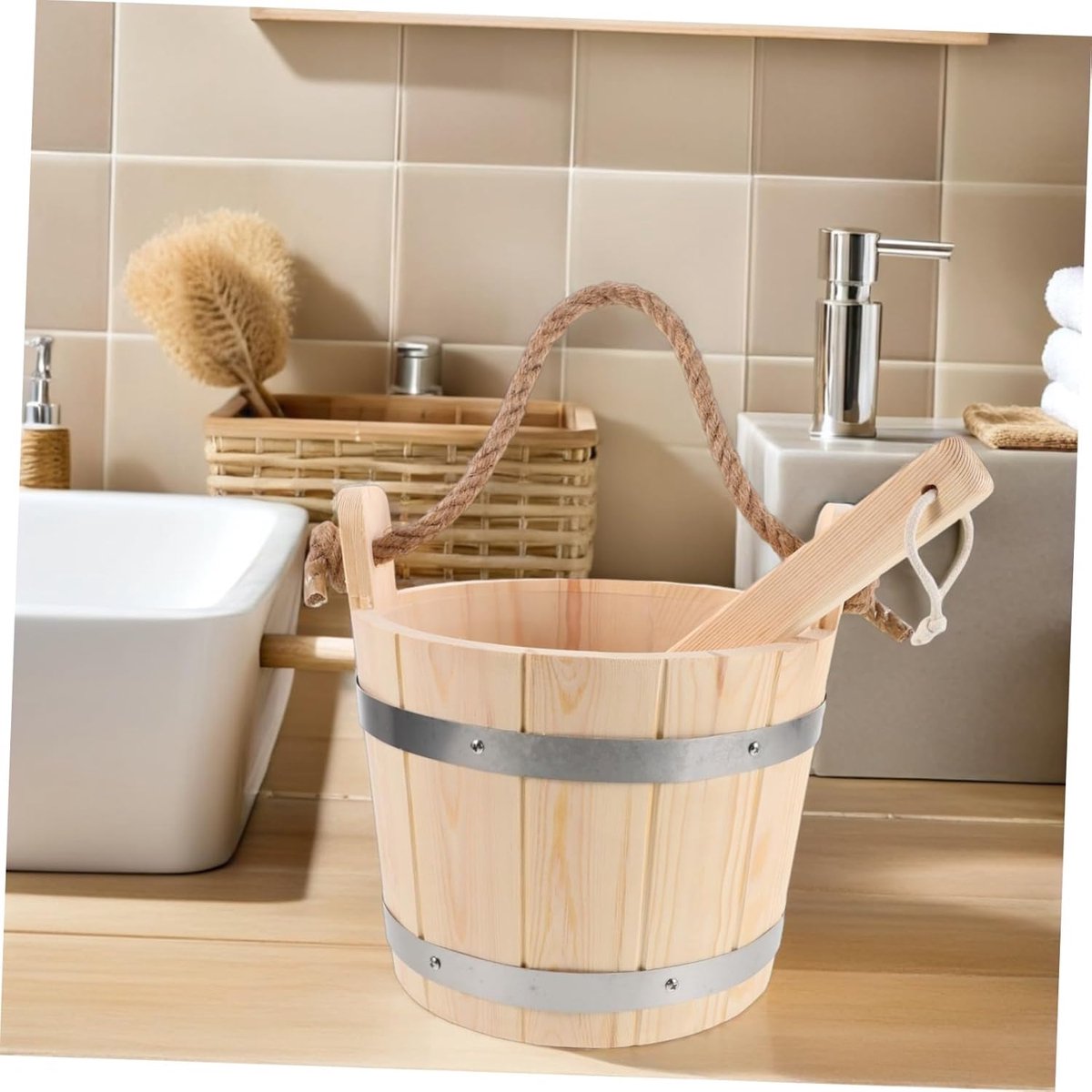 Sauna Emmer met Schep - Sauna Accessoires Hout - Ontspannende Sauna Sessies - Hitte- en Vochtbestendig - 24.5 cm - Beige thumbnail 4