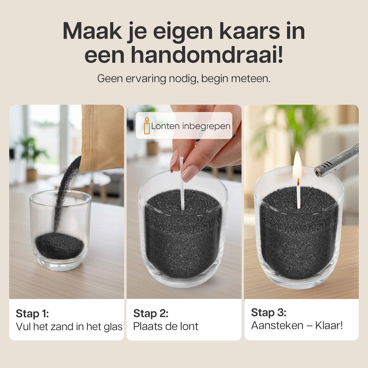 Comforder Kaarsenzand Set met 4 Lonten - 400g Black Musk Geur - Kaarsen maken voor Volwassenen - Kaarszand Was & Kaarsenwas - Burning Sand Wax - Geurkaars Zand - Candle Making DIY Kit - 50 Branduren — afbeelding 2