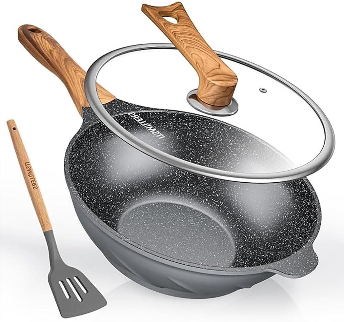Antiaanbak Wok - Roerbakpan - Gezond Koken - Speciaal Wervelwind Ontwerp - 32 cm - Thunder Grijs