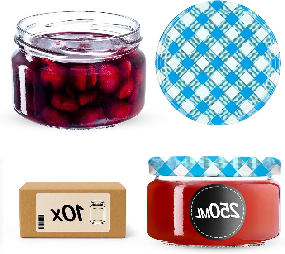 Jam potten - Bewaar glazen - Zelf maken - Luchtdichte sluiting - 10 stuks 250ml - Blauw geruit
