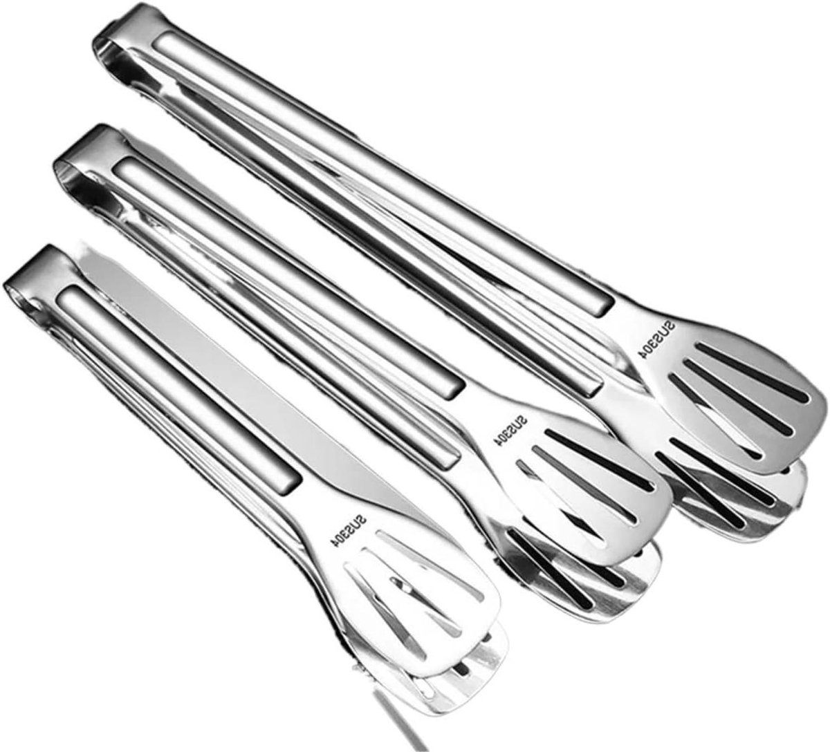 Keuken Tang Set - Voedsel Tang - Koken en Grillen - Vaatwasmachinebestendig - 3 Stuks - Zilver