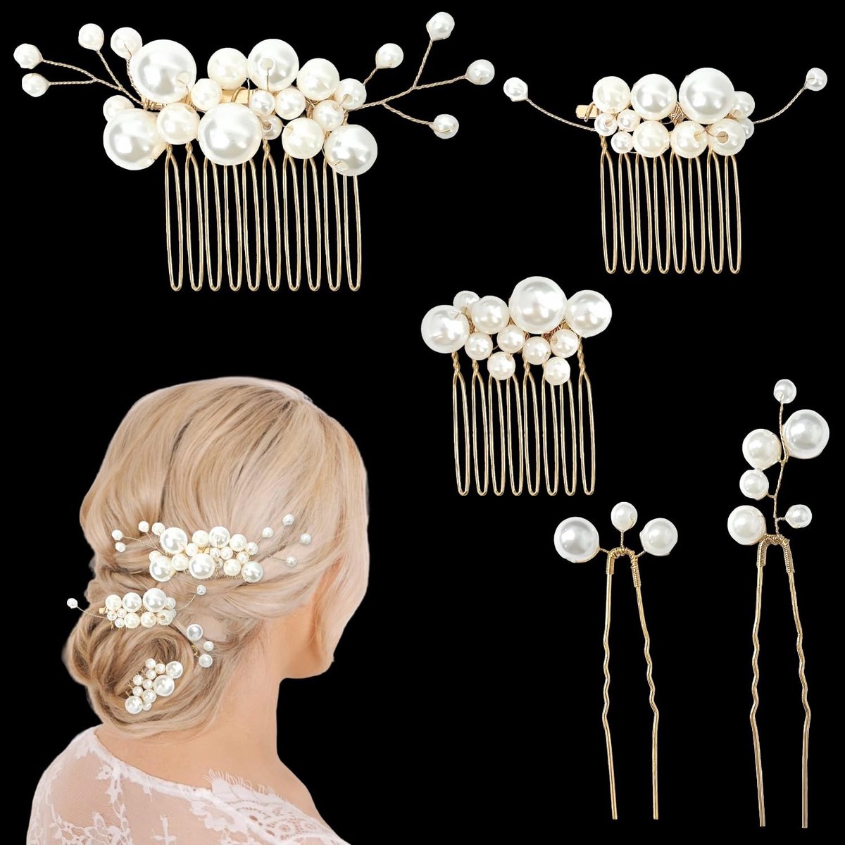 Dailygoods - Set van 5 Gouden Haarspelden met Parels