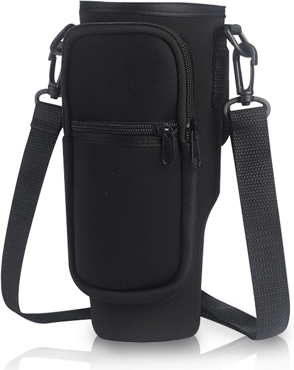Stijlvolle Waterfles Tas met Schouderband en Telefoonvak voor 1.1L Tumbler, Ideaal voor Wandelen en Outdoor Activiteiten (Zwart)