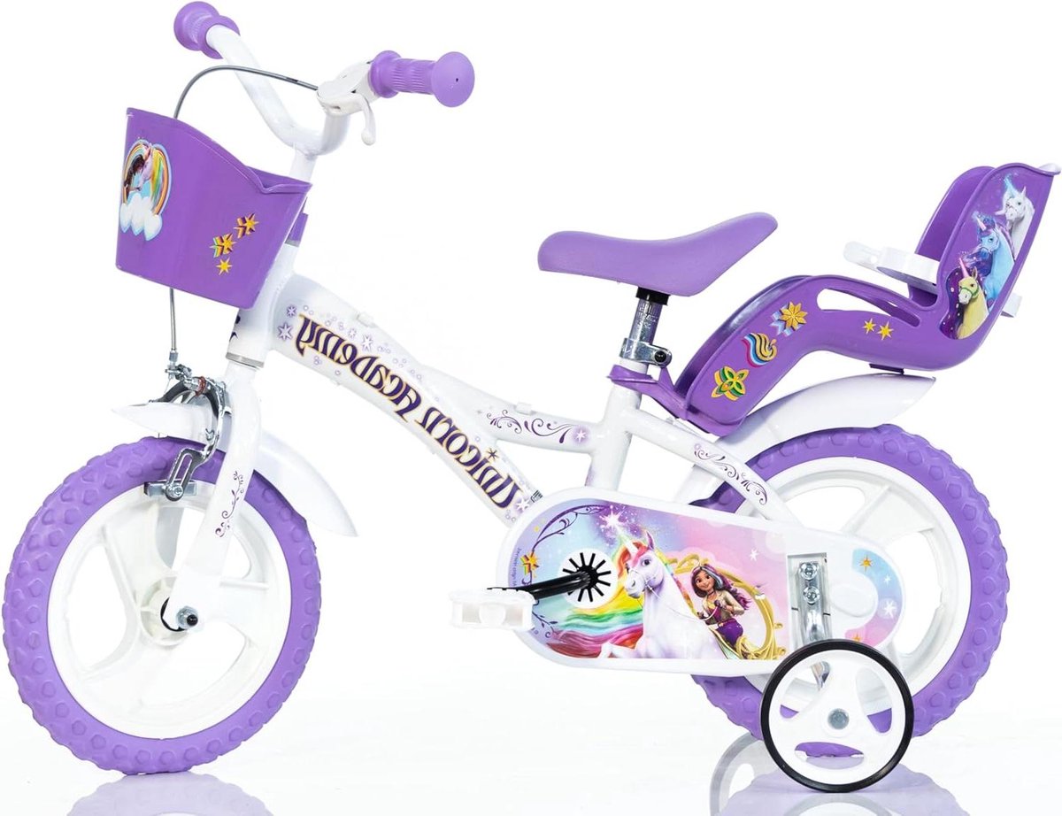 Meisjesfiets Eenhoorn - Kinderfiets 12 inch - Buiten Spelen - Met Mandje - 87-110 cm - Wit Paars