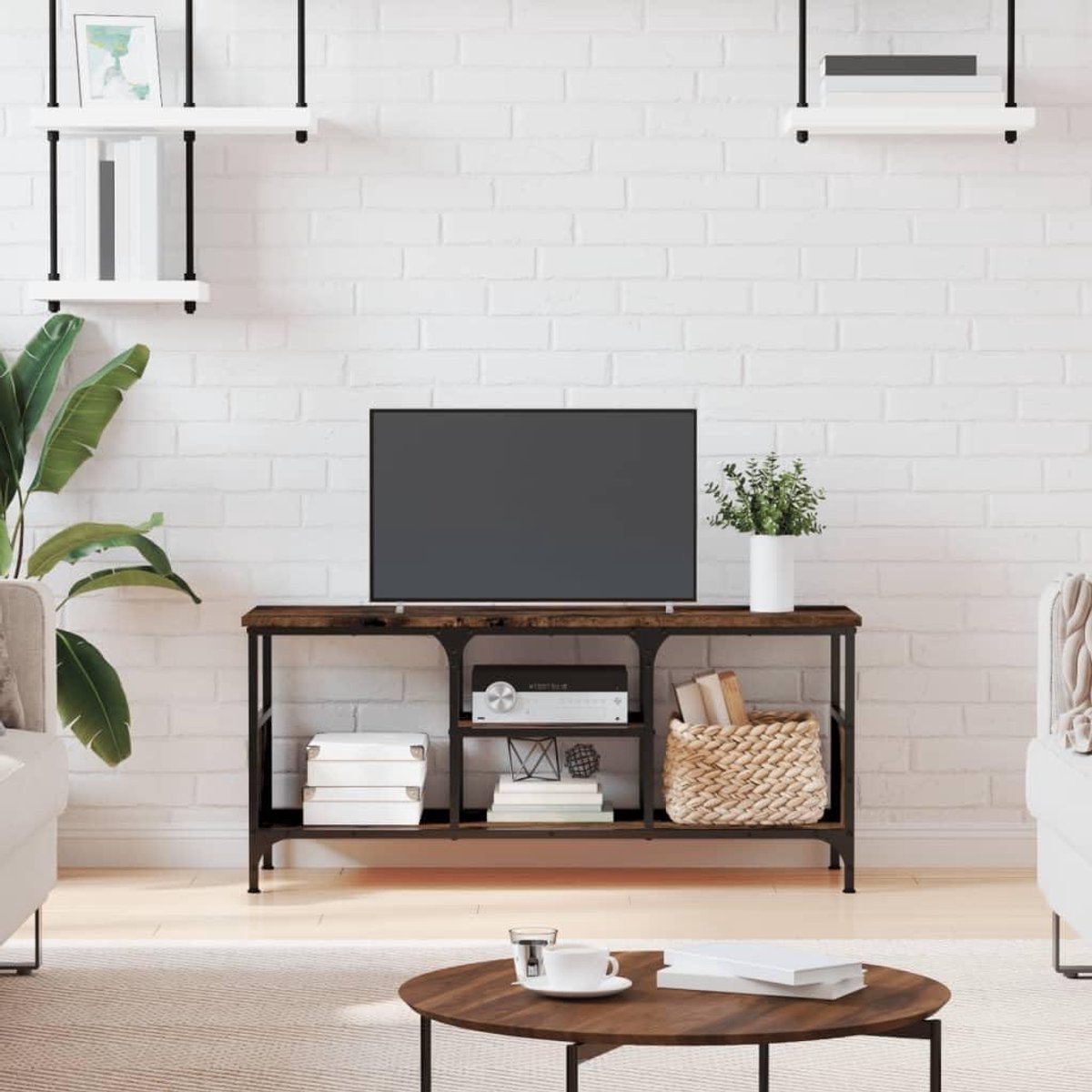 Industriële tv-kast - Tv meubel mediakast - Media-apparaten opbergen - Robuuste bovenplaat - 100 x 35 x 45 cm - Rookeiken