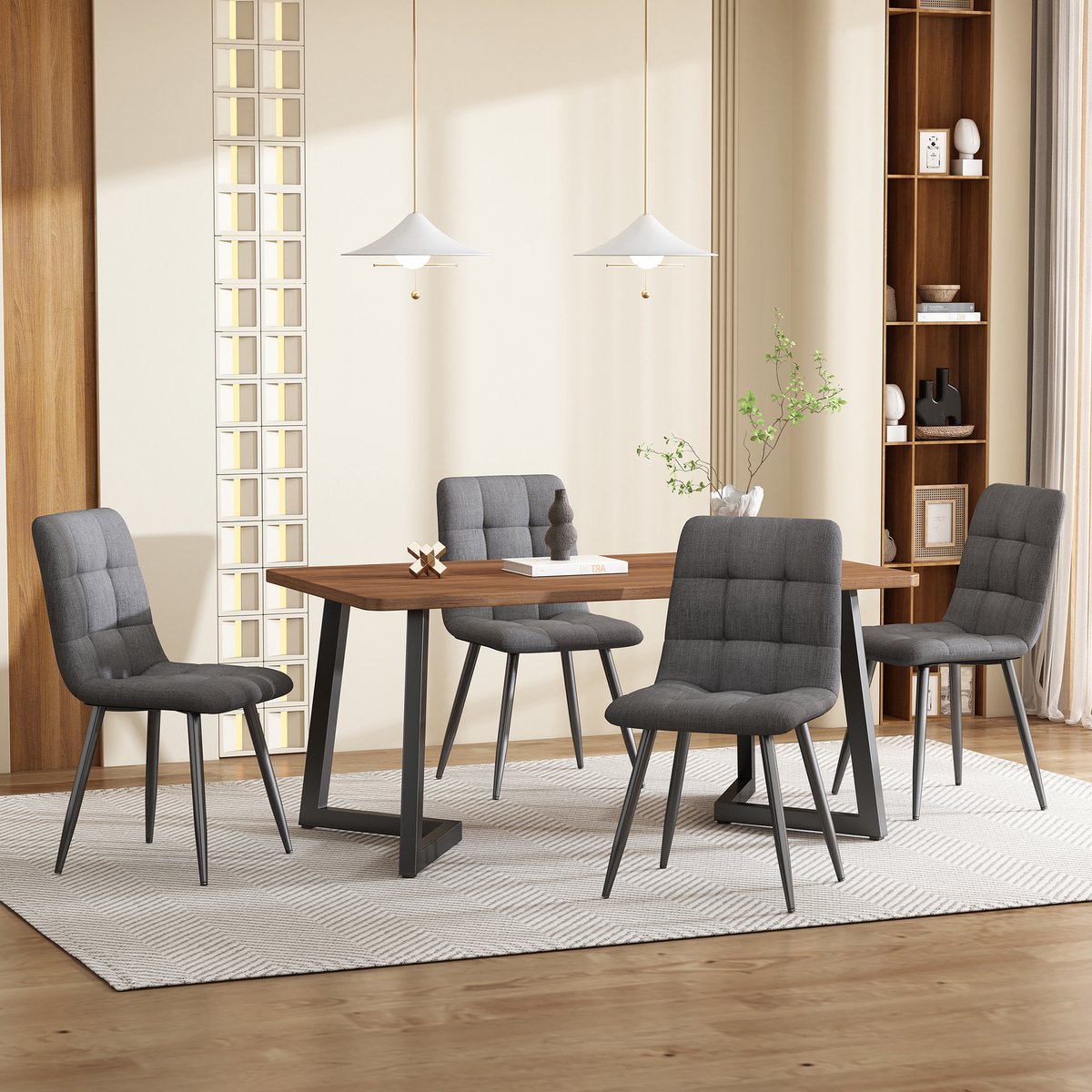 Moderne eettafelset - 5-delig - 1 eettafel en 4 stoelen - zwarte tafelpoten - notenkleurig tafelblad en donkergrijze eetstoelen