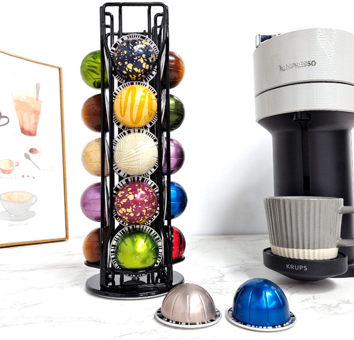 (12 × 12 × 32 cm) geschikt voor het Vertuoline koffieopbergrekgeschikt voor 20 capsules, draaibaar koffieopbergrek van smeedijzer.