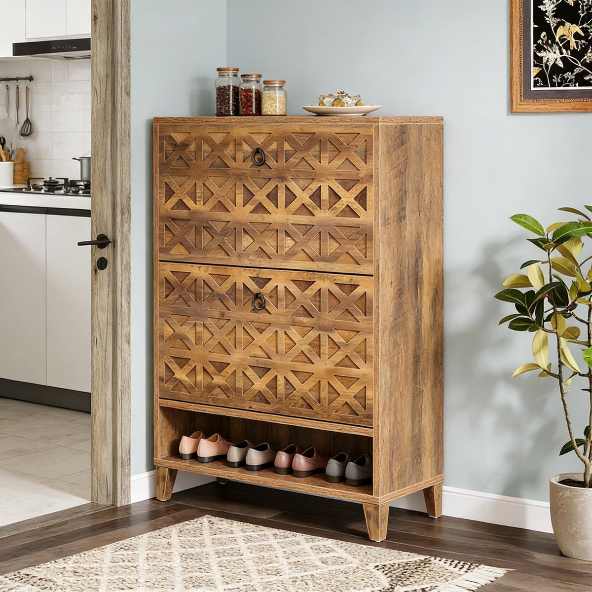 MODFU Schoenenkast - 2 Kleplades En Open Vak - Rustieke Stijl - Voor Hal - Hout En Metaal - Bruin - 80 X 24 X 110 Cm