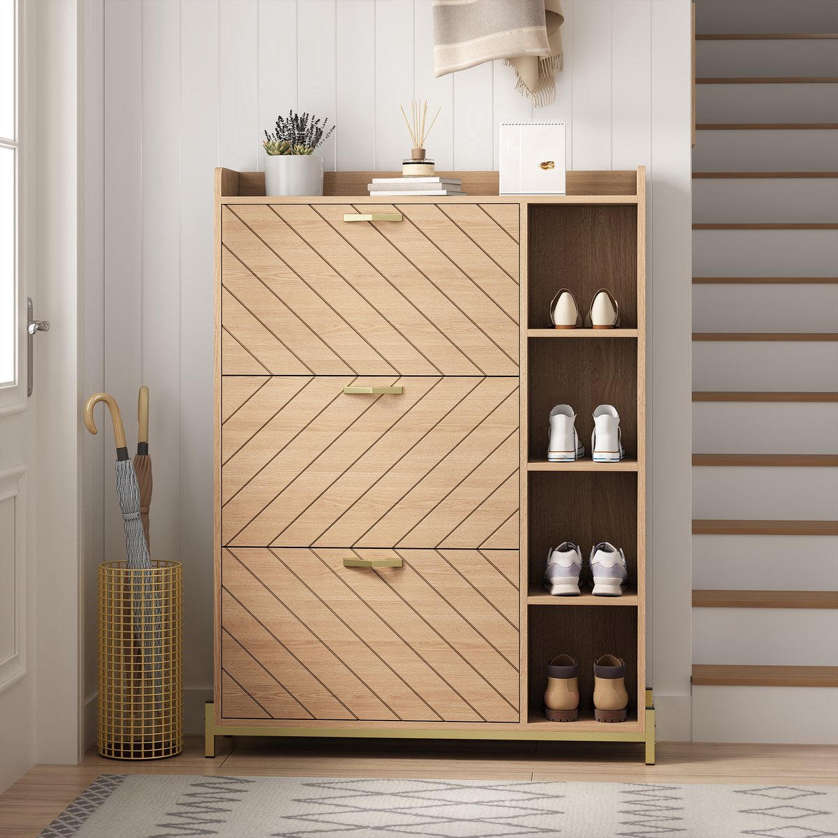 MODFU - Schoenenkast - 3 Klepdeuren En Open Zijvakken - Scandinavisch - Voor Hal - MDF - Naturel - 90 X 24 X 119 Cm