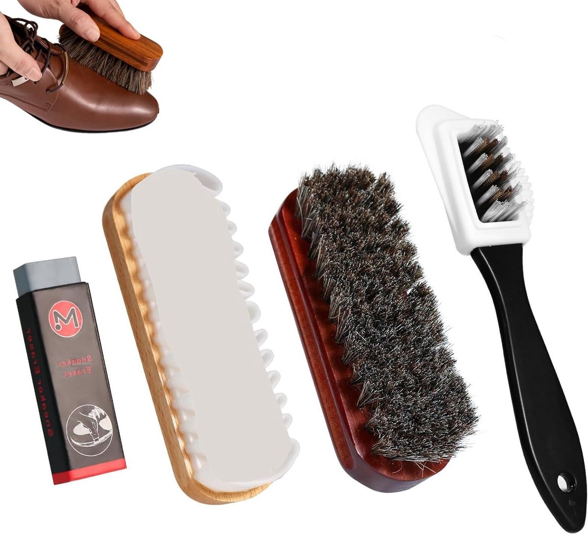 Complete Schoenreinigingsset voor Wild Leer en Nubuck - 4-delige Set met Paardenhaarborstel, 4-zijdige Nubuck Borstel, Messingborstels en Rubber voor Zachte Reiniging van Schoenen en Accessoires