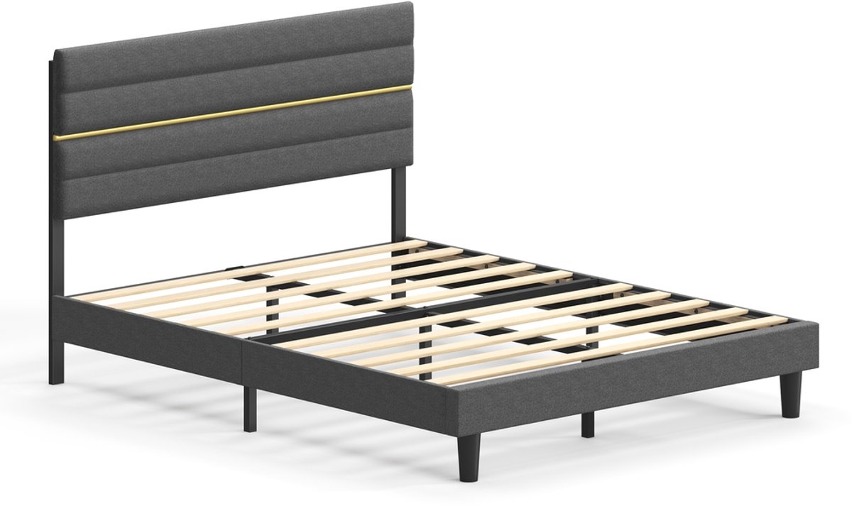 Vasagle Bed - Verstelbaar Hoofdbord - Massief Hout en Metaal - Modern Design Leigrijs
