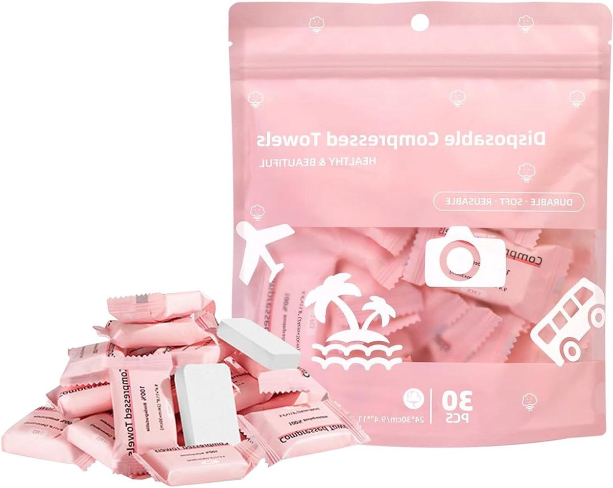 Samengeperste Handdoeken - Mini Doekjes - Hygiëne Onderweg - Individueel Verpakt - 30 Stuks - Wit