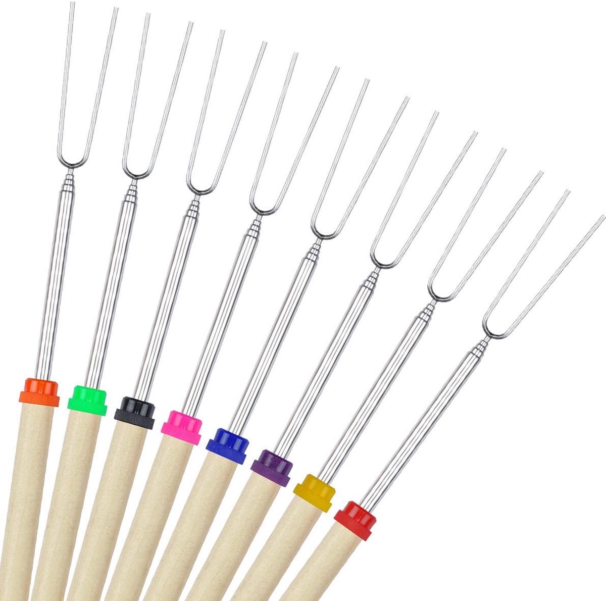 OLOEY 8 stuks telescopische en draaibare spiesen voor barbecue en marshmallow-spiesen-81,3 cm-kampvuuraccessoires (met bamboespiesjes)