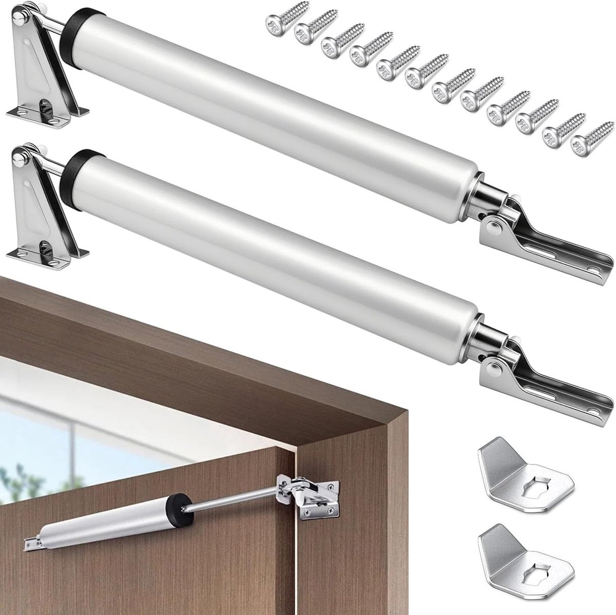 Automatische Deursluiter Set van 2, Geluidsloze Deursluiter met Verstelbare Sluitingssnelheid voor Thuis, Woonkamer, Badkamer en Keuken (23cm, Zilver)