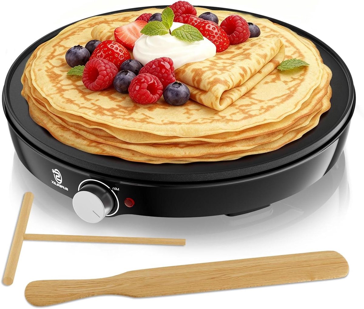 Crêpes Maker - Pannenkoekenmaker Elektrisch - Lekkere Pannenkoeken Maken - Traploos Instelbare Thermostaat - 30 cm Plaat - Zwart