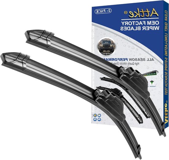 Twee zwarte ruitenwisserbladen voor een auto, met op de achtergrond een doos met de tekst 'OEM FACTORY WIPER BLADES'