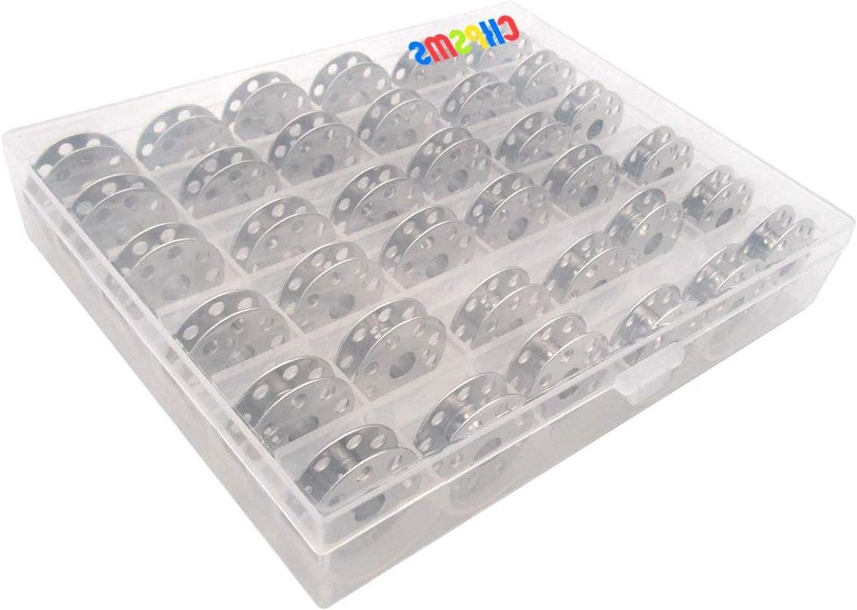 Spoelen en Doos - Naaimachineonderdelen - Naaien Thuis - 36 Metalen Spoelen - Set van 36 - Transparant
