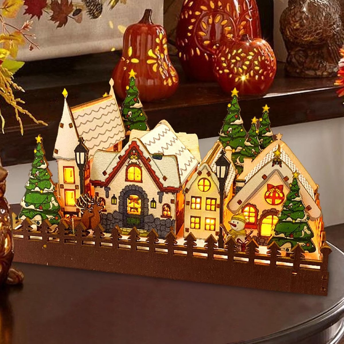 Kerstdorp Hout - Verlichte Huisjes - Feestelijke Decoratie - Complete Set - 35x28x5 cm - Niet gespecificeerd – foto 2