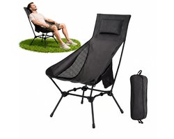 Verstelbare Campingstoel - Hoge Rugleuning met Hoofdkussen - 2 Hoogte-instellingen (90cm & 75cm) - Incl opberghoes - 58 x 74 x 90 cm - Max 120kg - Zwart