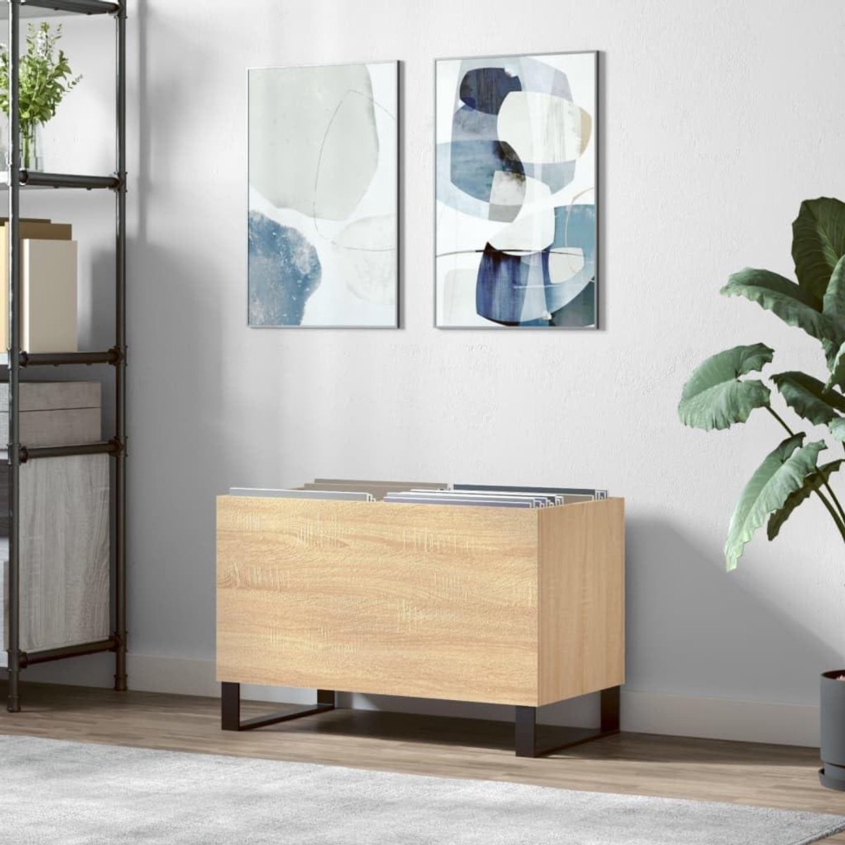 Platenkast Hout - Opbergkast Vinyl - Muziek Collectie - Met ijzeren poten - 74.5x38x48cm -