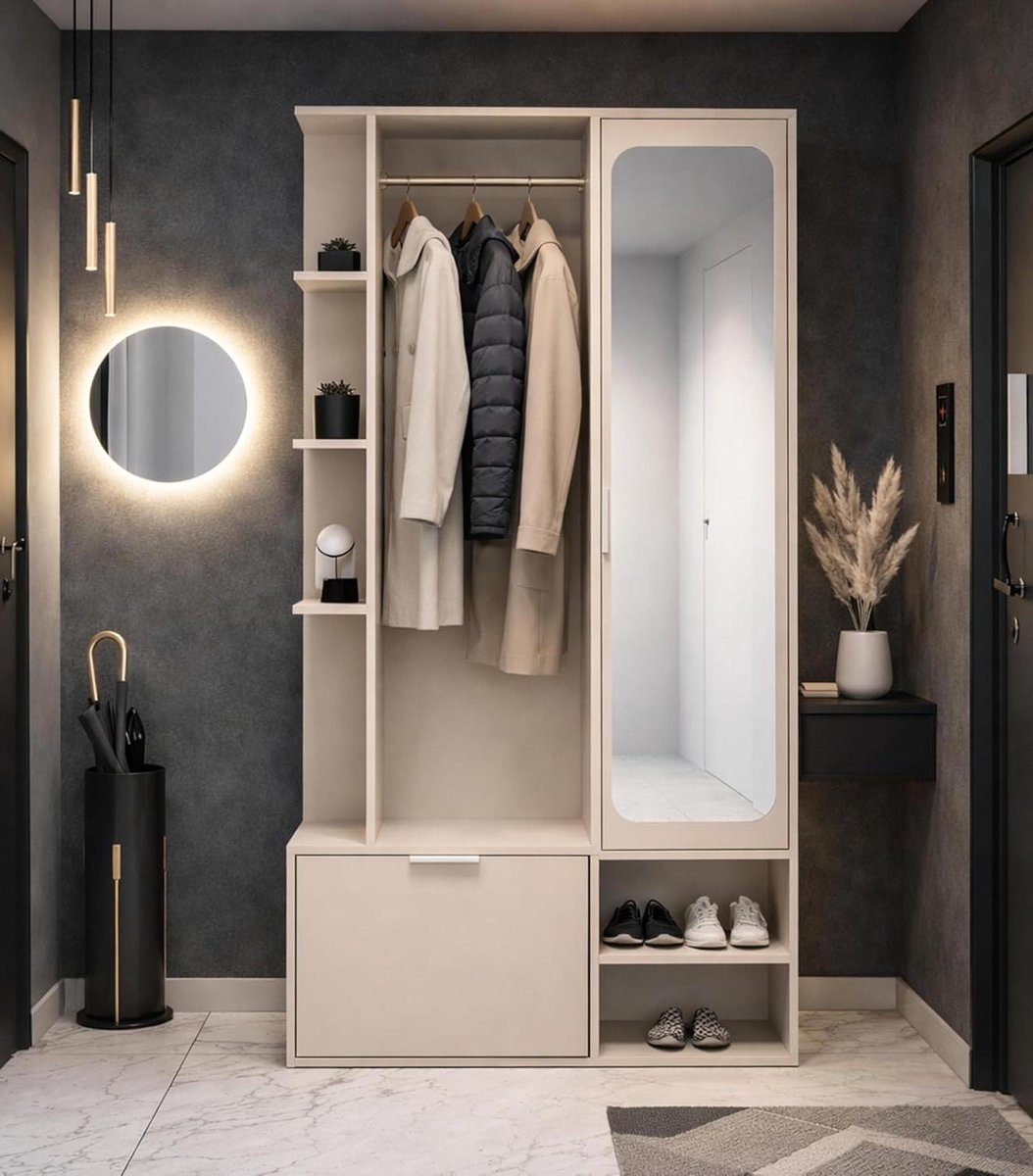 Garderobe met spiegel - Hal meubel - Gang organiseren - Alles in één - 100 cm breed - Beig
