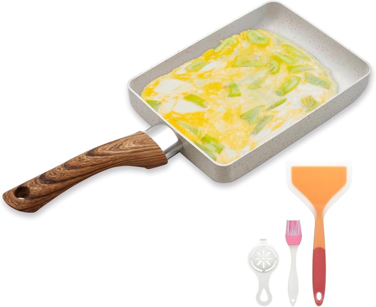Japanse eierpan - Omeletpan - Ontbijt maken - Antiaanbaklaag - Rechthoekig - Beige