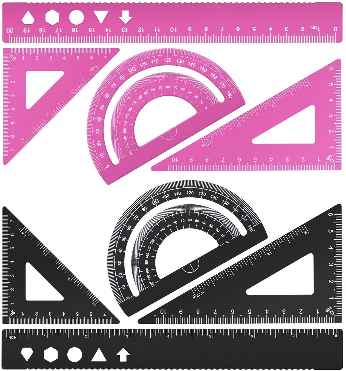 Allecto - Aluminum Alloy Protractor Ruler Set - Teken- en meetgereedschap - 20 cm - Geometrie set - Perfect voor studenten - Zwart + Roze