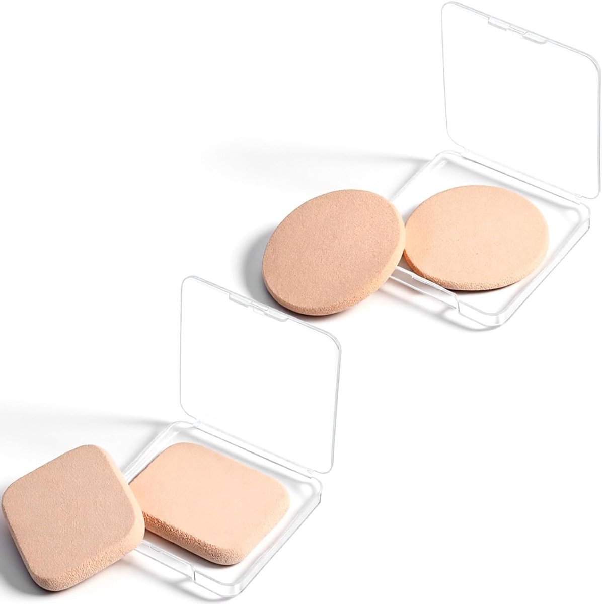 Set van 4 make-upsponsen met reiskoffer, ronde en vierkante sponsen voor foundation en poeder, geschikt voor alle huidtypes, nat en droog gebruik
