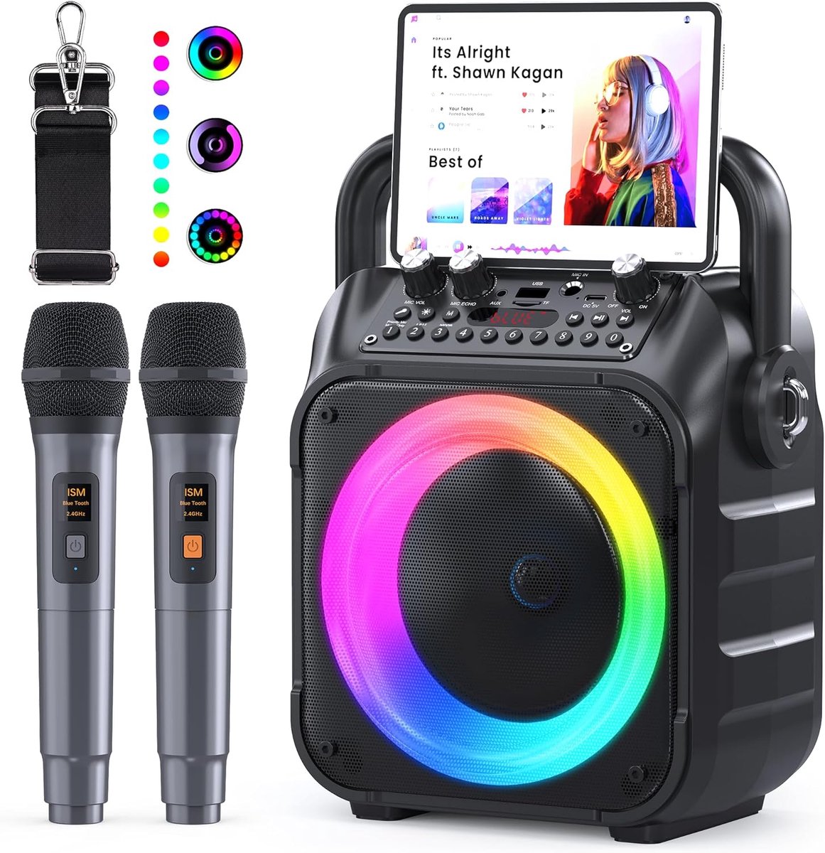 Karaoke Machine met 2 microfoons, draagbare karaokemachine voor volwassenen en kinderen, Bluetooth-luidspreker met PA-systeem, ondersteunt TWS/FM/AUX/USB/TF/REC voor feestjes, verjaardagen en thuisgebruik (zwart)
