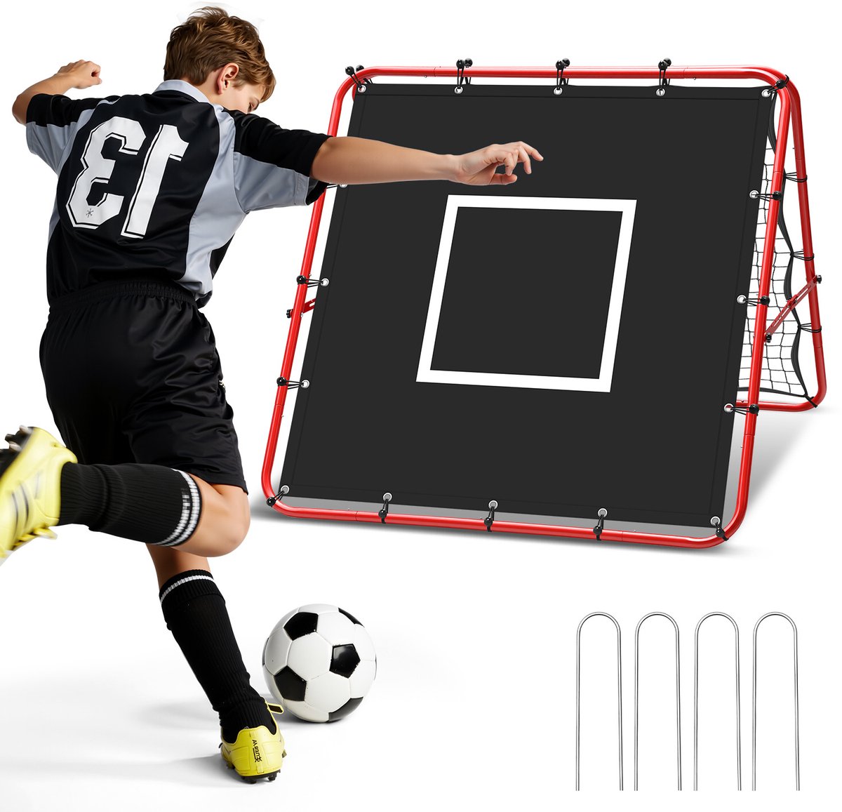Opvouwbaar dubbelzijdig voetbal reboundnet 120 x 120 cm met 420D doelzeil, verstelbaar voor passing, hoge ballen en koptraining