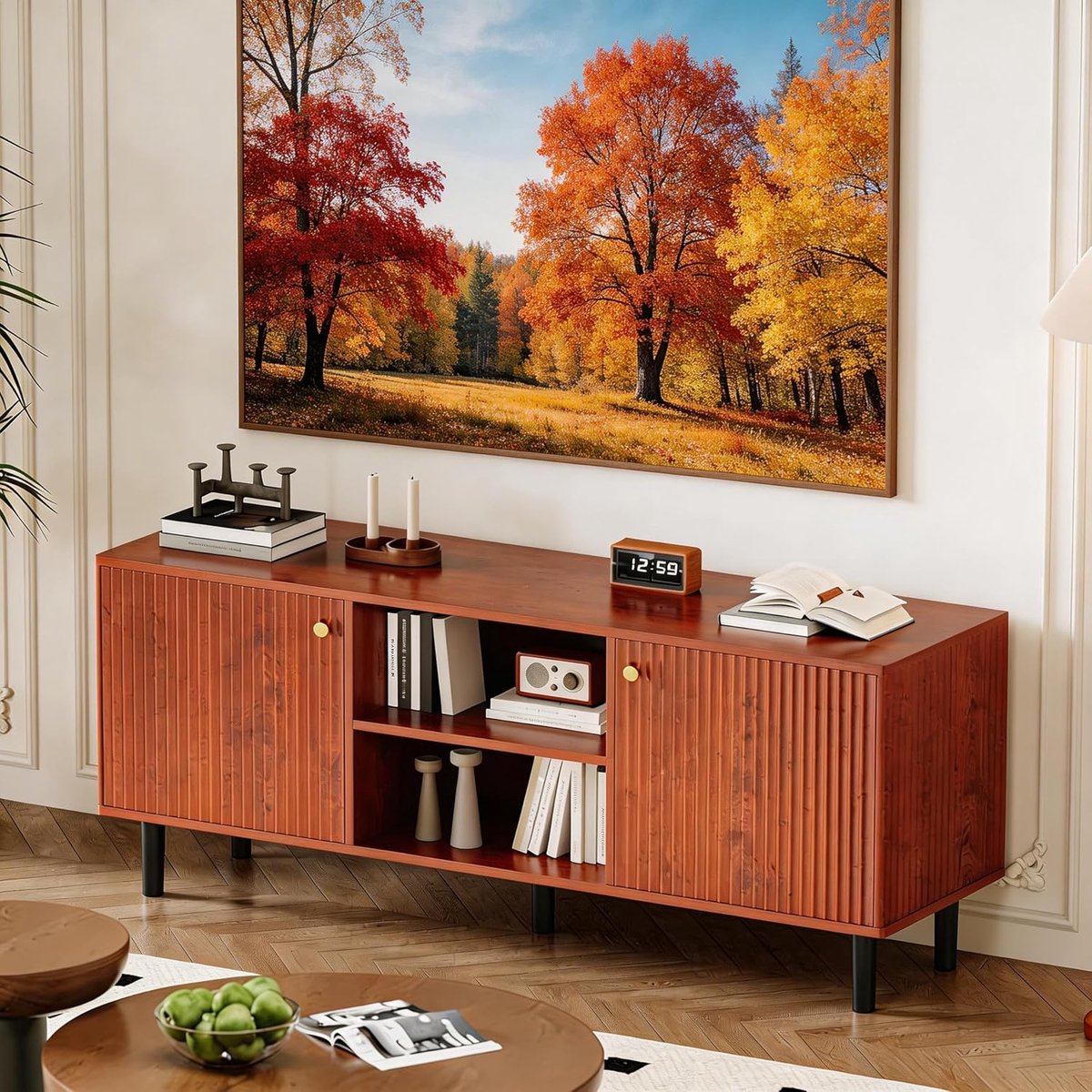 HOERFURIY Televisiekast - Televisiekast - Mid-century modern entertainmentmeubel - Verstelbare plank en opbergruimte met 2 deuren - 140 × 64 × 40 cm - Bruin