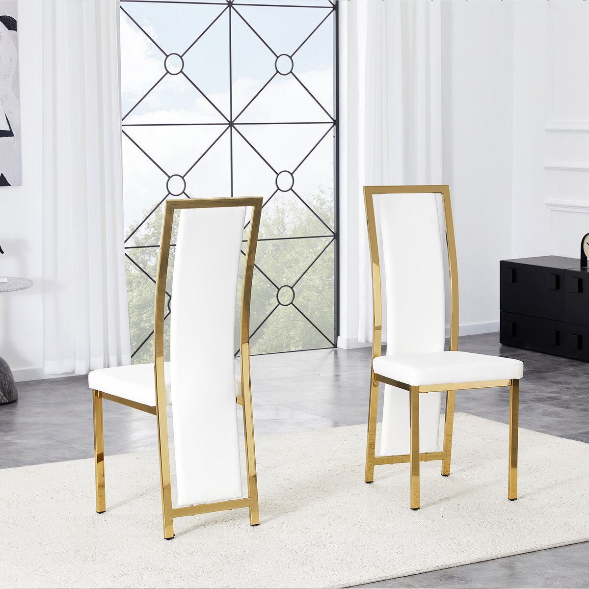 [Set van 2] Minimalistische Europese eetkamerstoelen met gouden accenten. Wit PU-leer + goudkleurig metalen frame, 109 cm hoog, veelzijdig te gebruiken in eetkamers, kantoren, etc.
