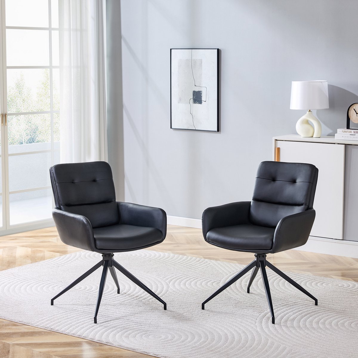 [Set van 2] Europese draaistoel in een lichtgewicht luxe design: Zwarte PU-coating + zwarte metalen poten, 360° draaibaar, set van 2 voor eetkamers / ontspanningsruimtes.