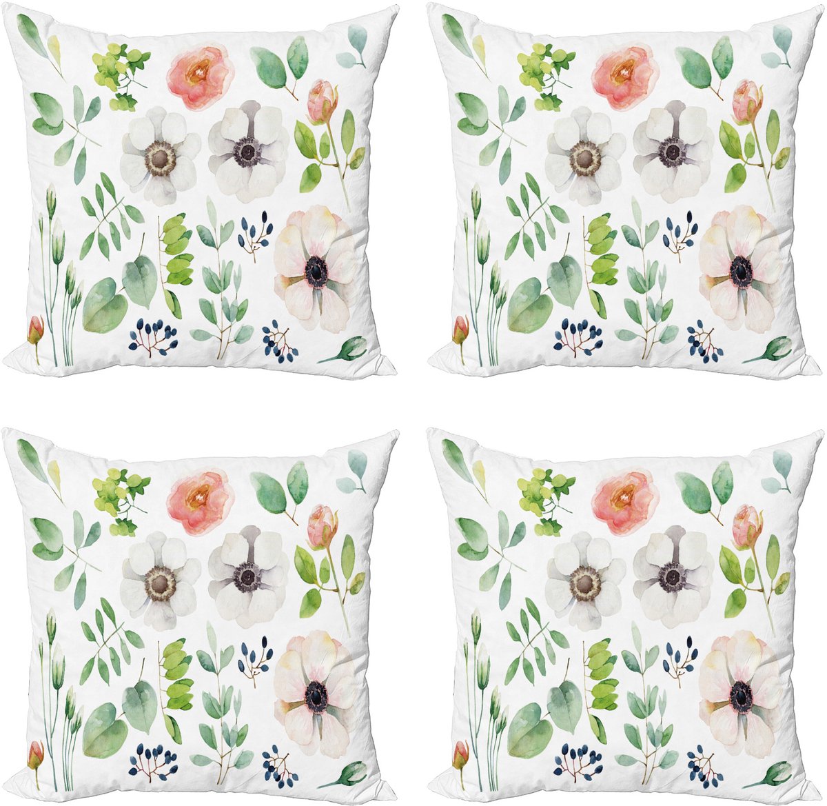 ABAKUHAUS Anemones Throw Pillow Cover 4 Pack, bloemelement, Modern Accent dubbelzijdig digitaal print, 40 x 40 cm, Wit Multicolor Witte Multicolor