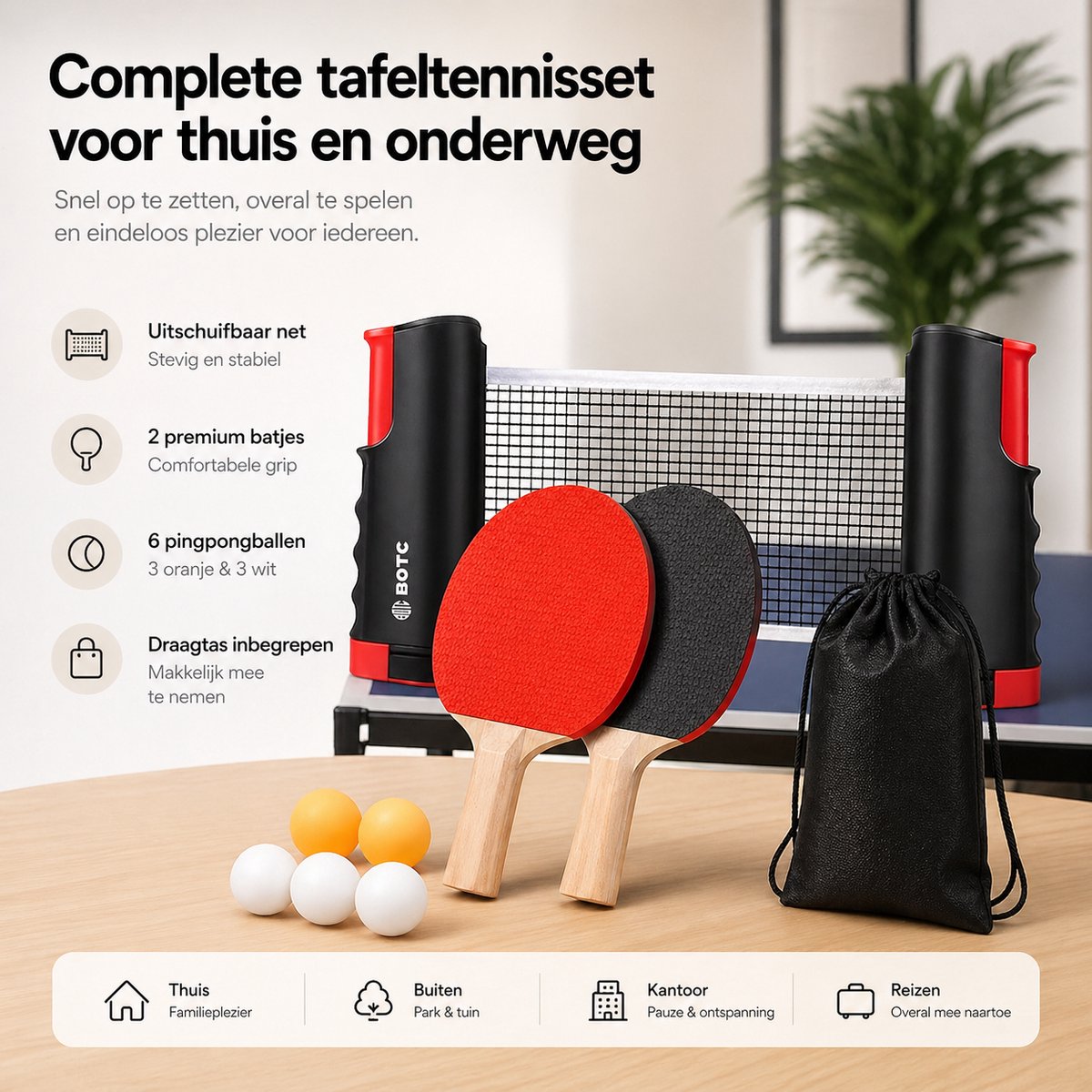 BOTC Tafeltennis Set - 2 Tafeltennisbatjes - 6 Pingpongballen - 1 Tafeltennisnet Uitschuifbaar - Zwart — afbeelding 10