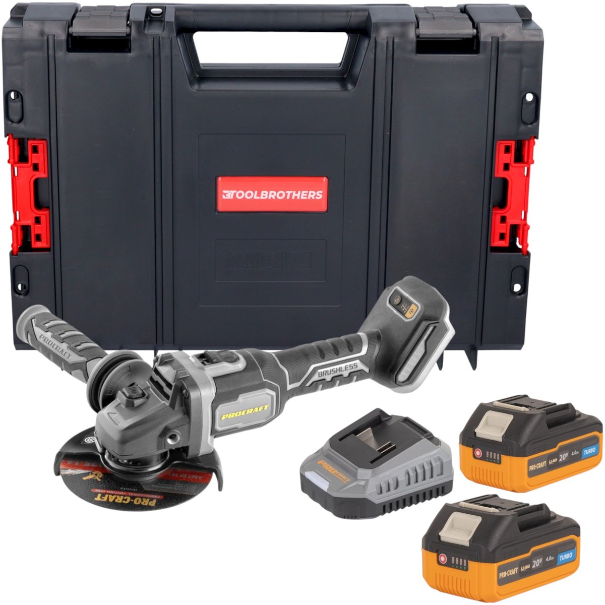Procraft Industrial AG125Bbb accu haakse slijper 20 V 125 mm borstelloos + 2x accu 4,0 Ah + oplader + RHINO gereedschapskoffer