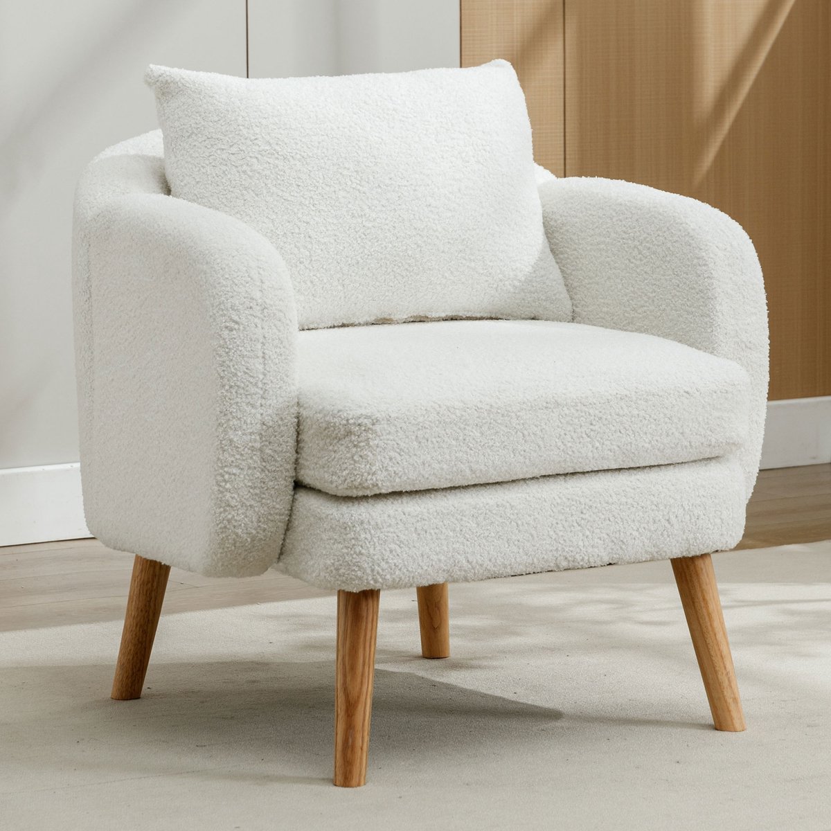 Wishdor - Eenpersoons Fauteuil - Dik Zitkussen En Rugkussen Voor Lendensteun - Modern Minimalistisch Ontwerp - Voor Woonruimte - Teddystof Met Houten Frame En Poten - Wit - 71 X 72 X 71 Cm