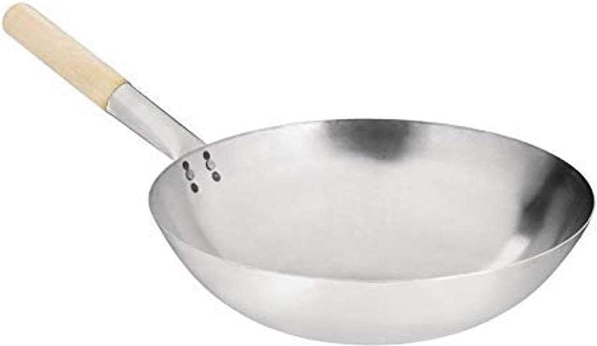 Milde Staal Wok - Roerbakpan Ronde Bodem - Commercieel Koken - Hoge Kwaliteit - 356mm - Zilver