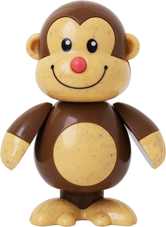 Bruin aapje met een beige gezicht, buik en handen. Rode neus en zwarte ogen.