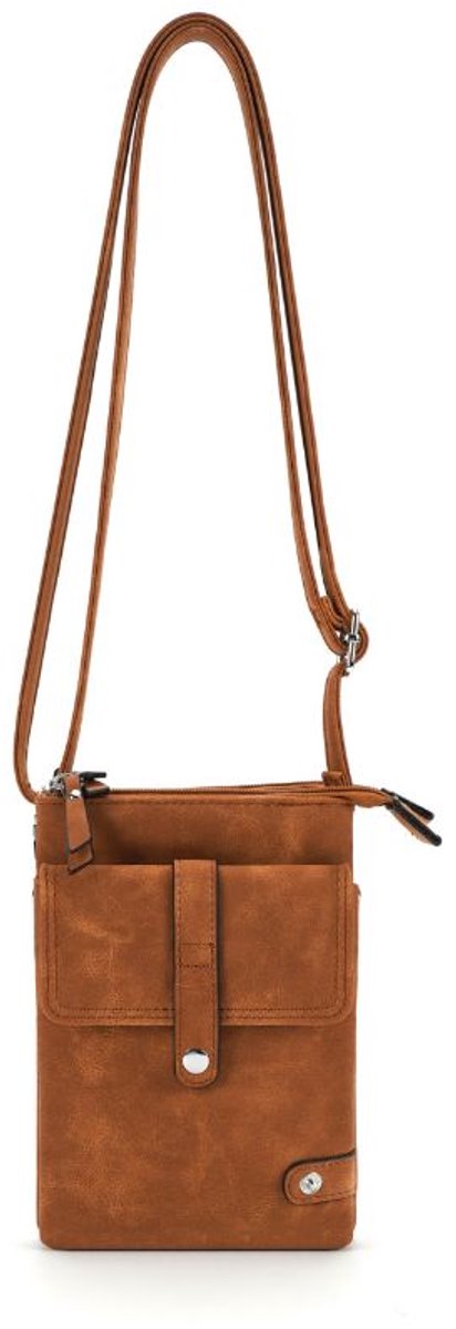 Platte Dames Schoudertas Cognac - Klein Schoudertasje - Festival Tas - Dames Tas Plat - Veel Vakken Tas